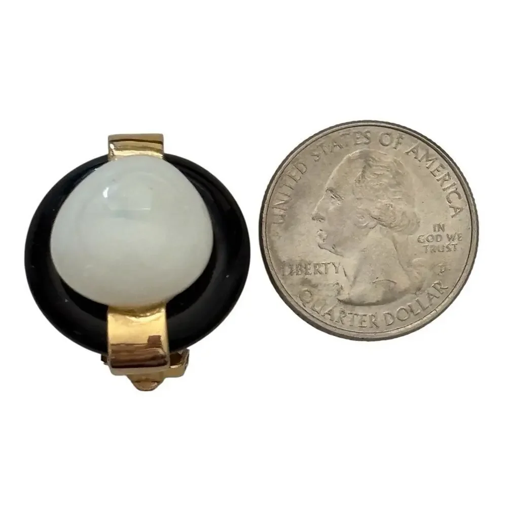 KENNETH J.L. Earrings, Gold tone, Black Enamel and White Faux Pearl, Clip on